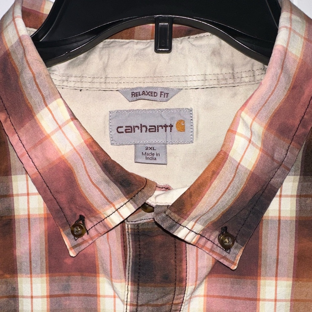 Carhartt Relaxed Fit 2XL Upcycled Reworked Bleach Dye Plaid Button Down Shirt - Picture 3 of 15